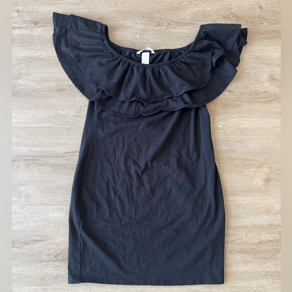H&M Black Off the Shoulder Ruffle Dress Size M Cotton
